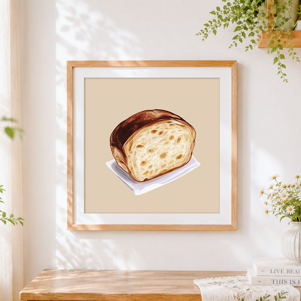 Finished rustic sourdough bread slice cross stitch artwork displayed