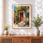 Finished rustic stone cottage door and bougainvillea cross stitch artwork displayed