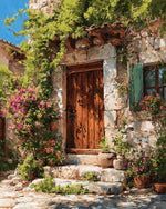 Rustic stone cottage door and bougainvillea cross stitch kit for beginners