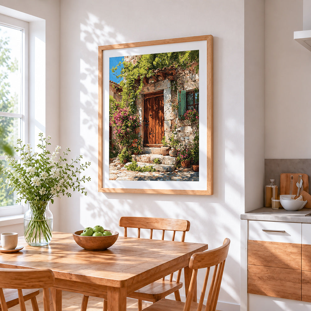 Rustic stone cottage door and bougainvillea cross stitch artwork displayed on wall as home decor