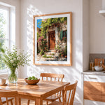 Rustic stone cottage door and bougainvillea cross stitch artwork displayed on wall as home decor