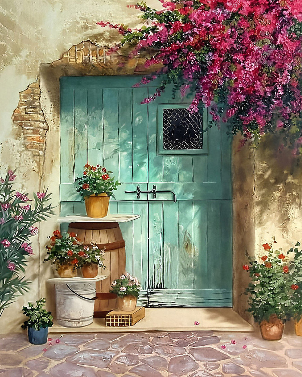 Rustic teal door and blossoms cross stitch kit for beginners