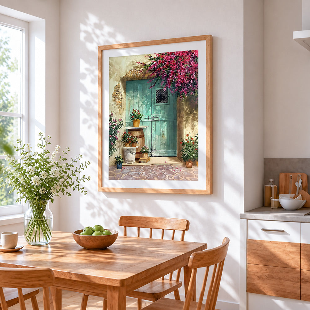 Rustic teal door and blossoms cross stitch artwork displayed on wall as home decor