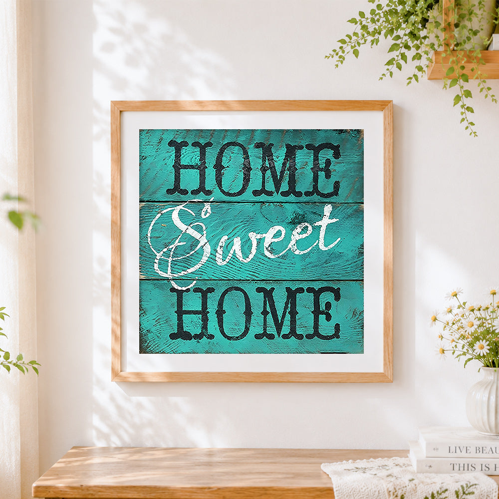Finished rustic teal home sweet home wooden sign cross stitch artwork displayed