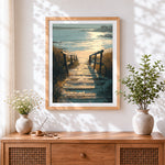 Finished rustic wooden boardwalk to the sea cross stitch artwork displayed
