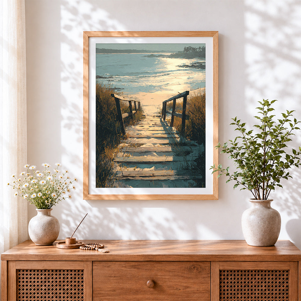 Finished rustic wooden boardwalk to the sea cross stitch artwork displayed