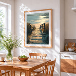Rustic wooden boardwalk to the sea cross stitch artwork displayed on wall as home decor