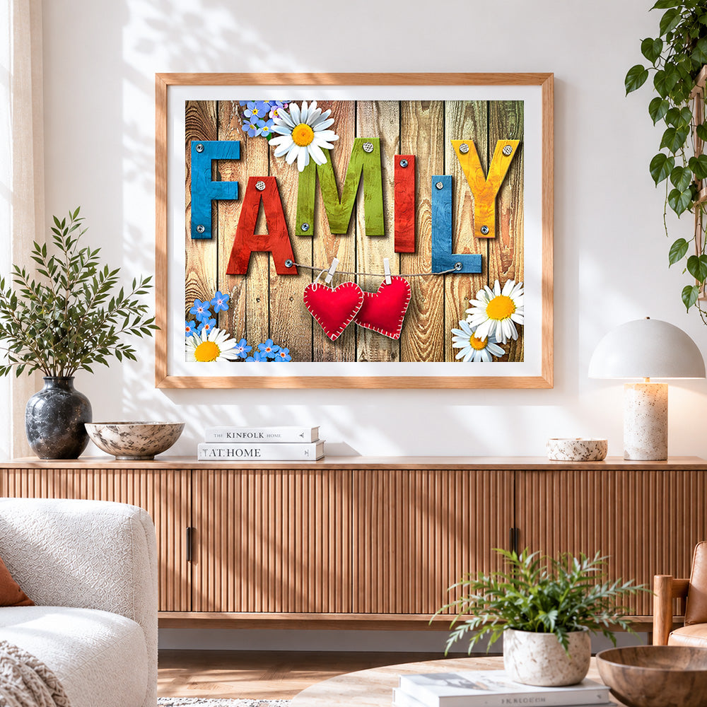 Finished rustic wooden family sign cross stitch artwork displayed