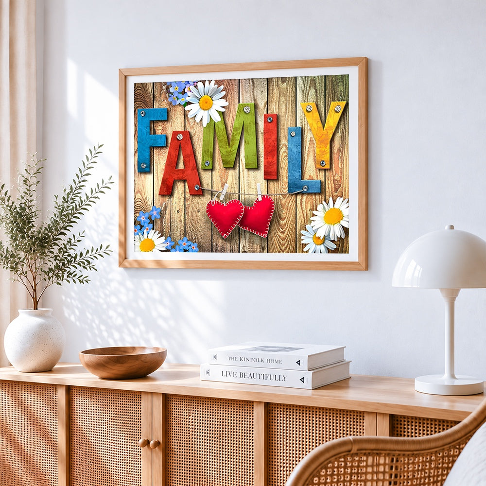 Rustic wooden family sign cross stitch artwork displayed on wall as home decor