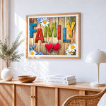 Rustic wooden family sign paint by numbers artwork displayed on wall as home decor