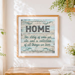 Finished rustic wooden home quote print cross stitch artwork displayed