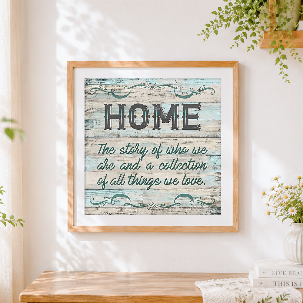 Finished rustic wooden home quote print cross stitch artwork displayed