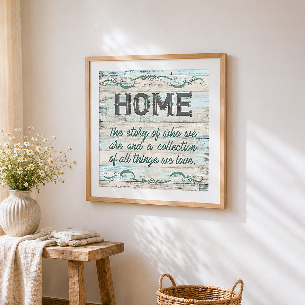 Rustic wooden home quote print cross stitch artwork displayed on wall as home decor