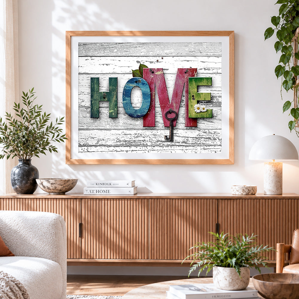 Finished rustic wooden home sign with key cross stitch artwork displayed
