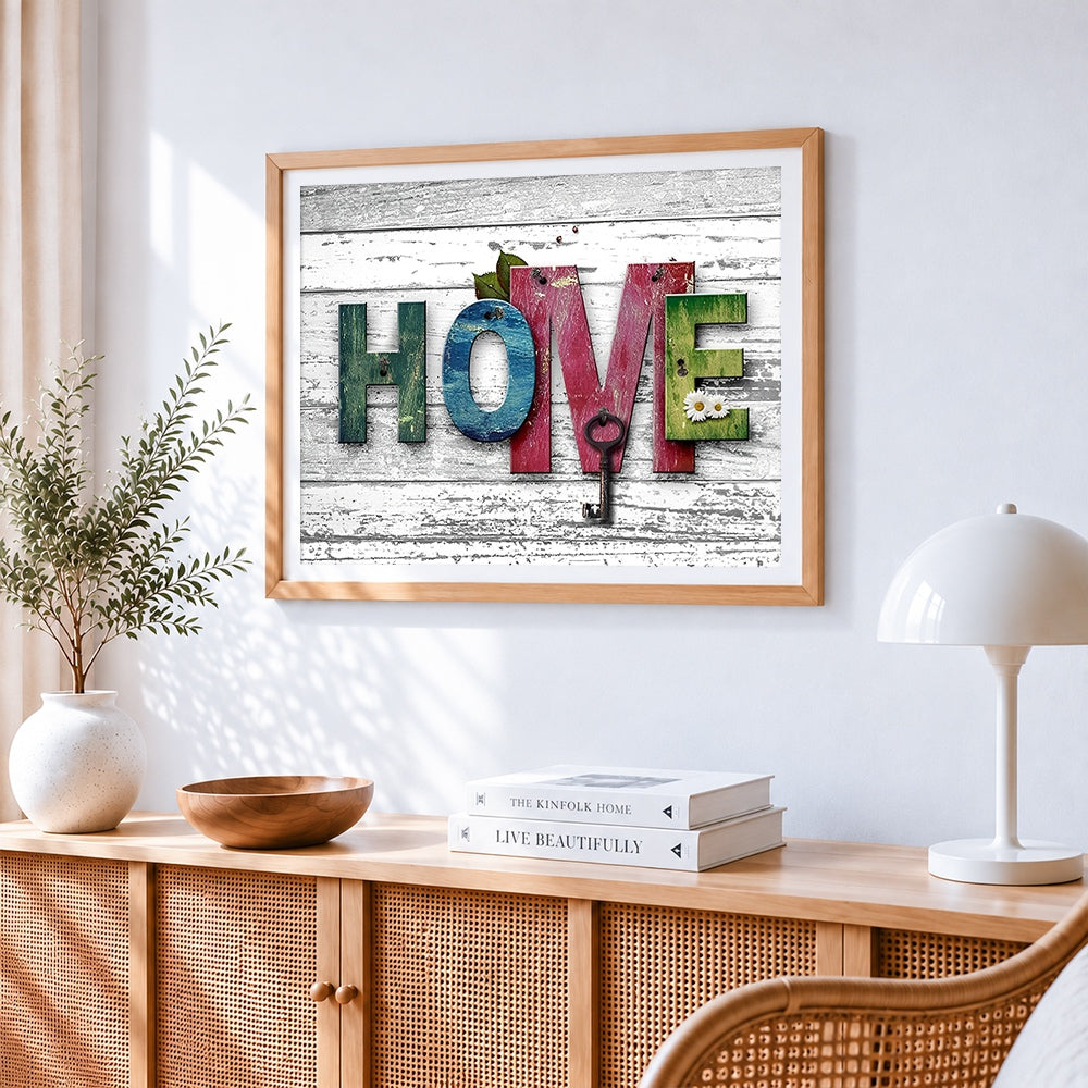 Rustic wooden home sign with key paint by numbers artwork displayed on wall as home decor