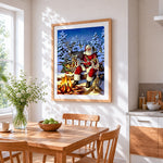 Rustic woodland santa and animals cross stitch artwork displayed on wall as home decor