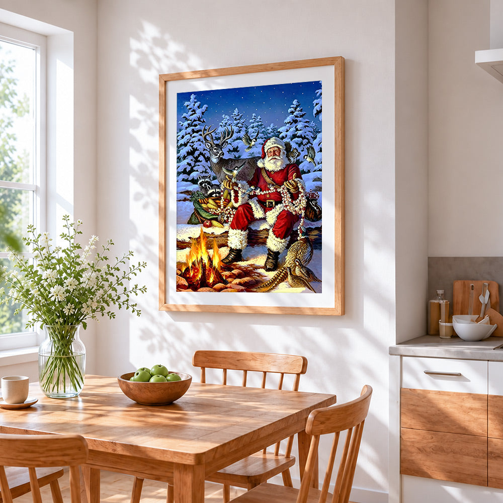 Rustic woodland santa and animals cross stitch artwork displayed on wall as home decor