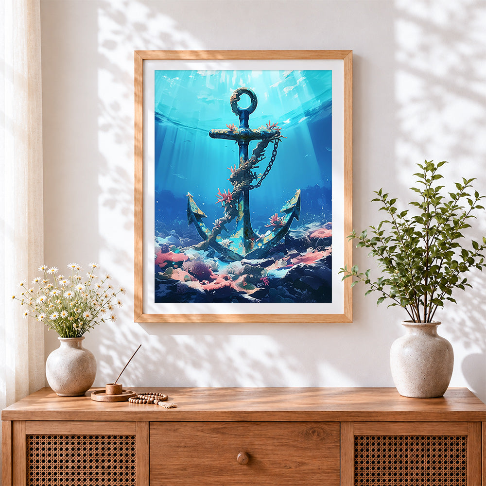 Finished rusty anchor on a coral reef cross stitch artwork displayed