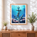 Finished rusty anchor on a coral reef cross stitch artwork displayed