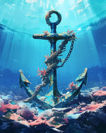 Rusty anchor on a coral reef cross stitch kit for beginners