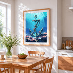 Rusty anchor on a coral reef cross stitch artwork displayed on wall as home decor