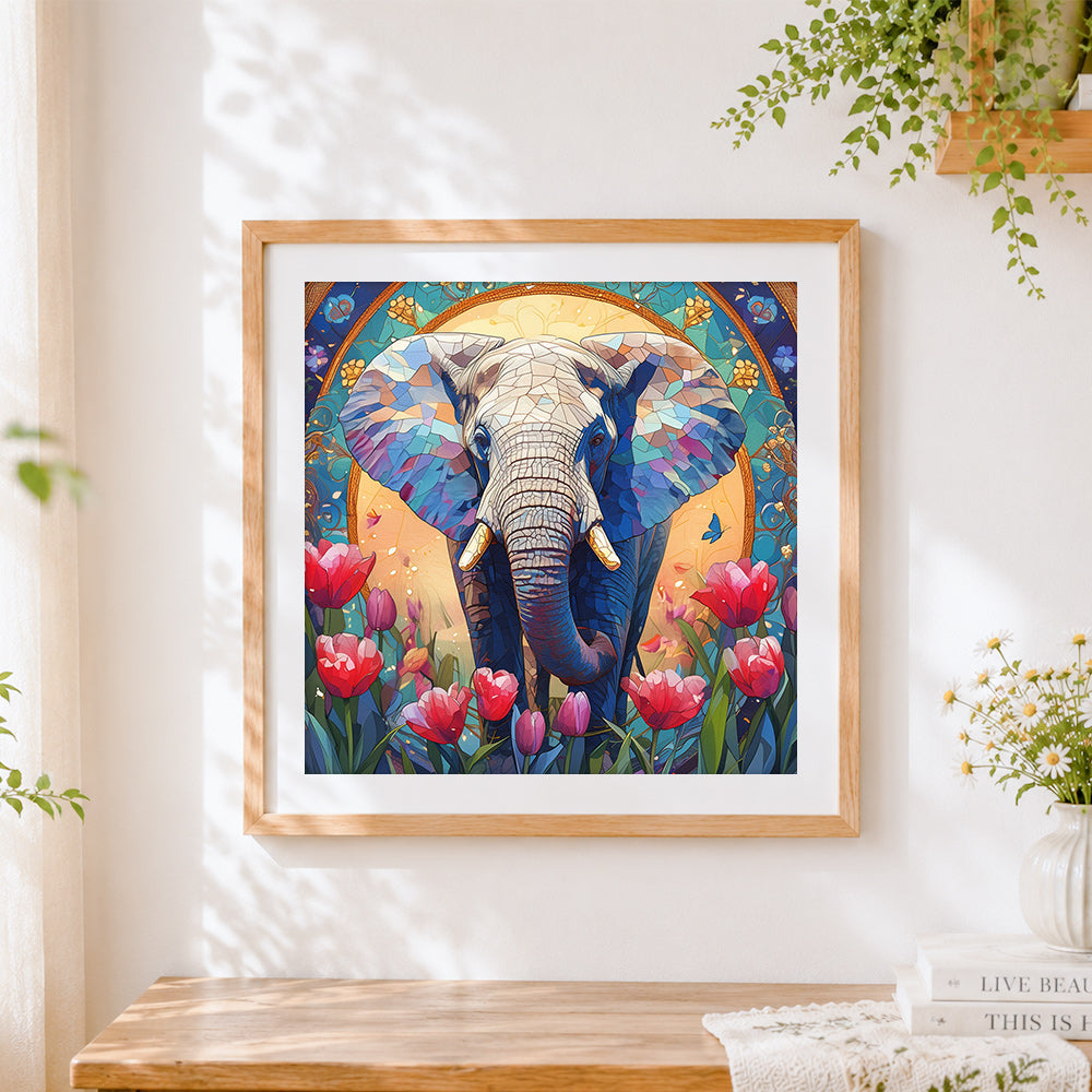 Finished sacred elephant with gold halo and tulips cross stitch artwork displayed