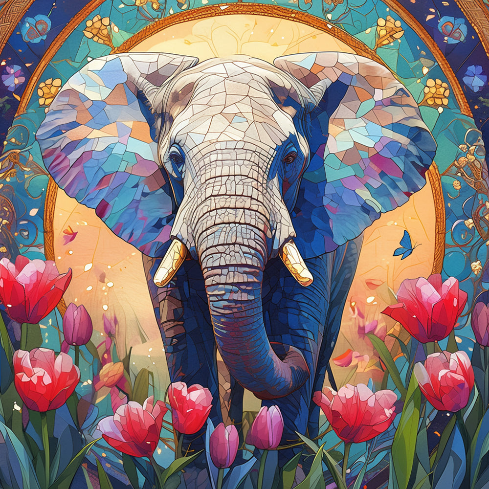 Sacred elephant with gold halo and tulips cross stitch kit for beginners