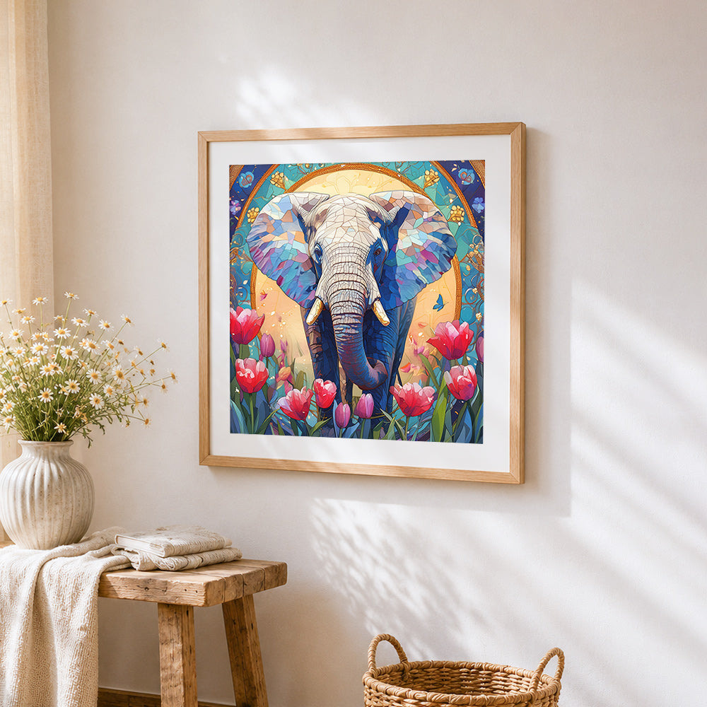 Sacred elephant with gold halo and tulips cross stitch artwork displayed on wall as home decor