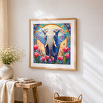 Sacred elephant with gold halo and tulips cross stitch artwork displayed on wall as home decor