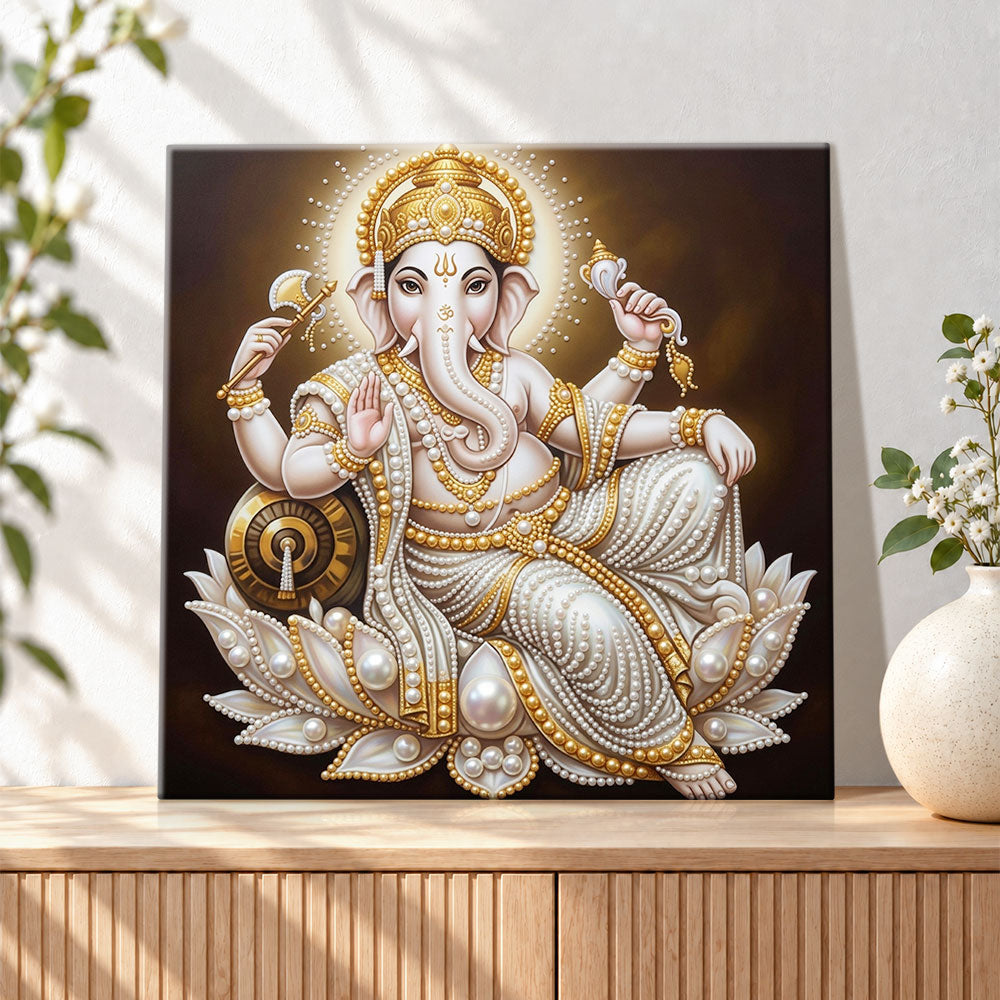 Finished sacred ganesha on lotus pearl diamond painting artwork displayed as holiday home decor