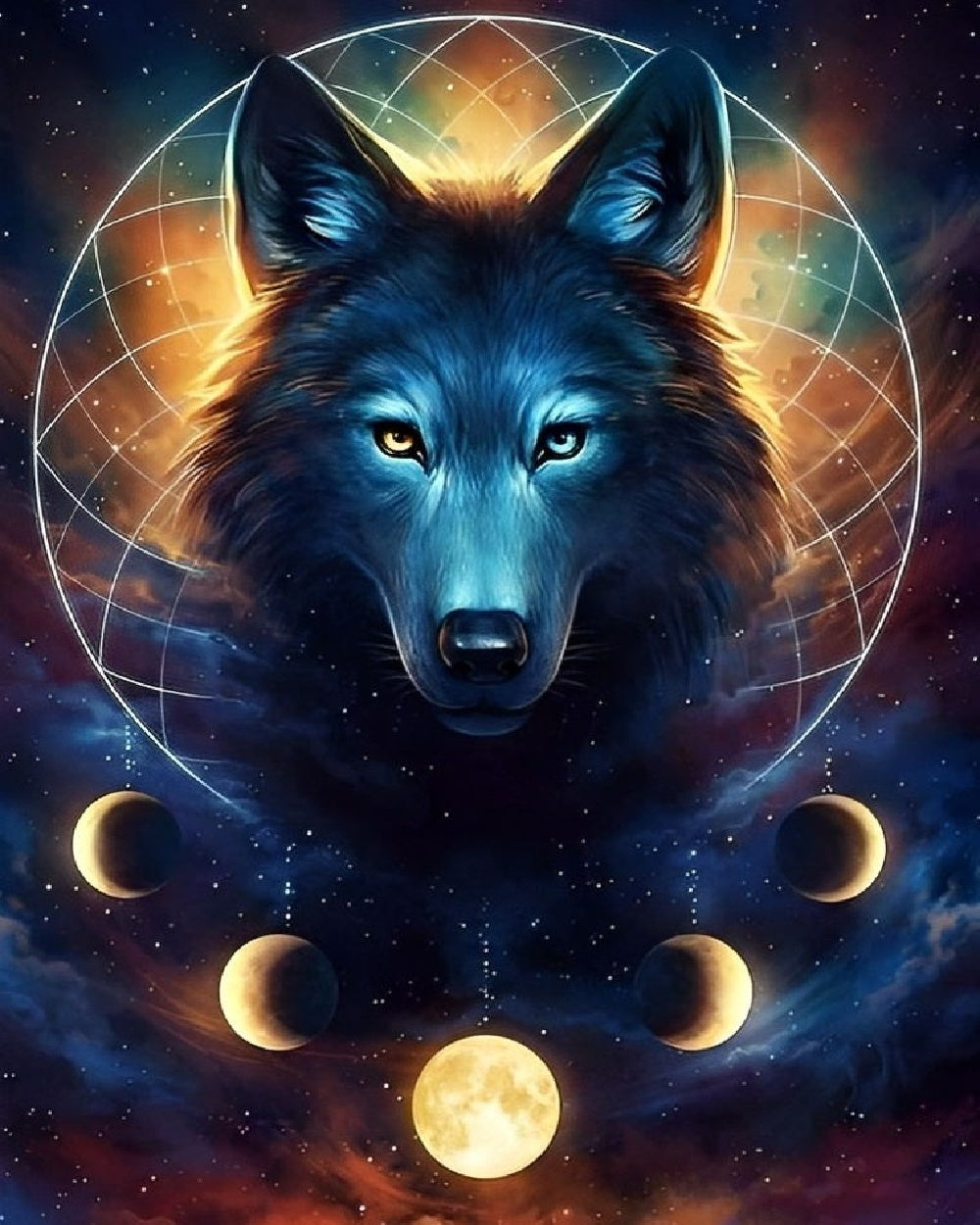 Sacred geometry wolf and moon phases cross stitch kit for beginners