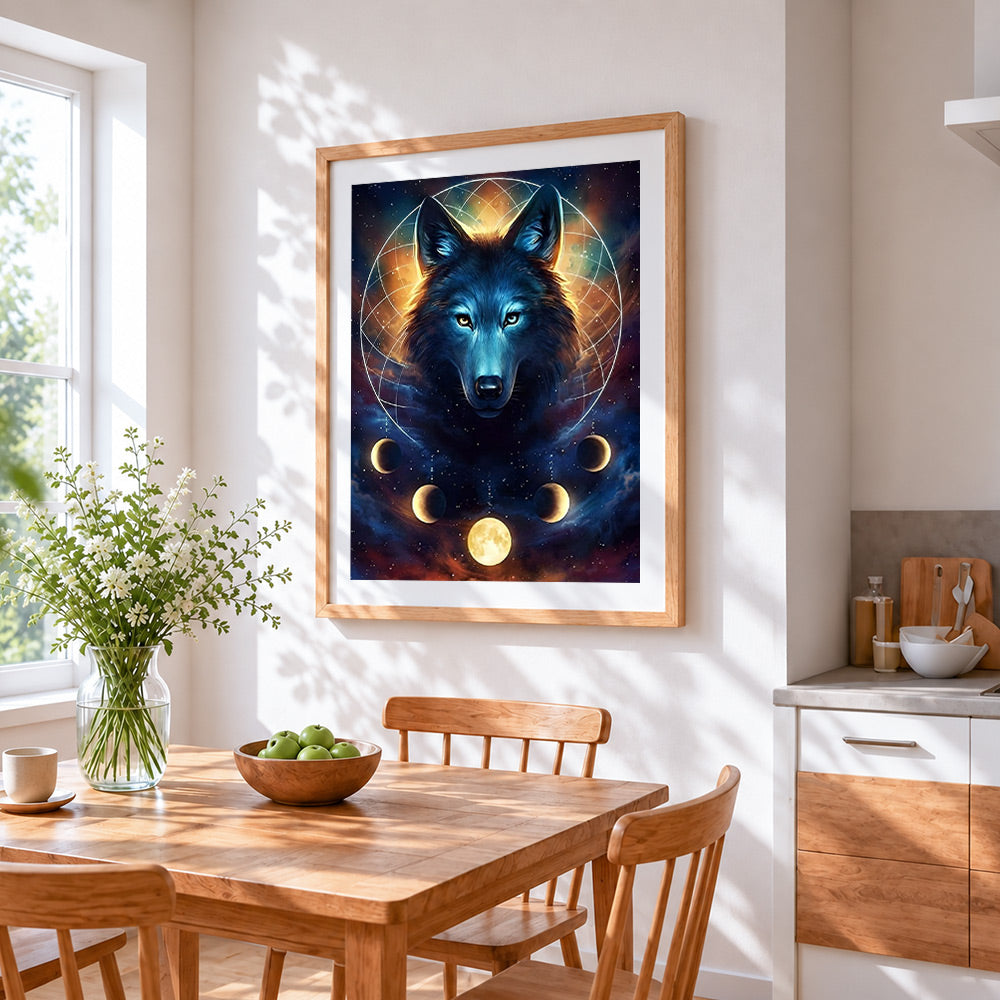 Sacred geometry wolf and moon phases cross stitch artwork displayed on wall as home decor