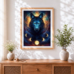 Finished sacred geometry wolf and moon phases paint by numbers artwork displayed as home decor