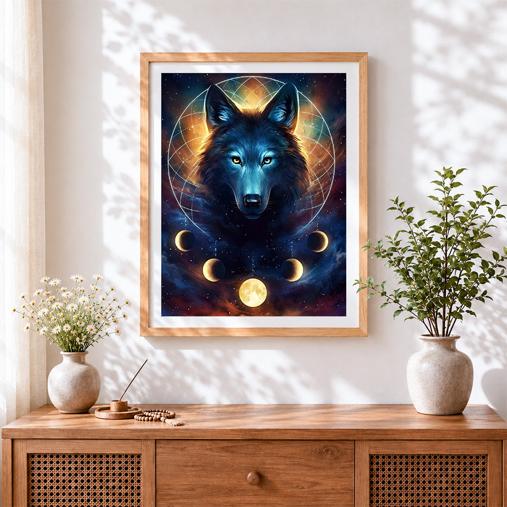 Finished sacred geometry wolf and moon phases paint by numbers artwork displayed as home decor
