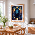 Sacred geometry wolf and moon phases paint by numbers artwork displayed on wall as home decor