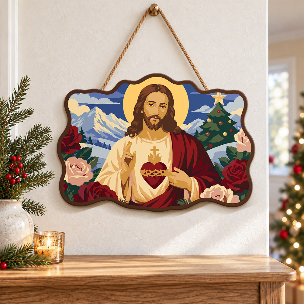 Sacred heart holiday paint by numbers door hanger as indoor wall decor