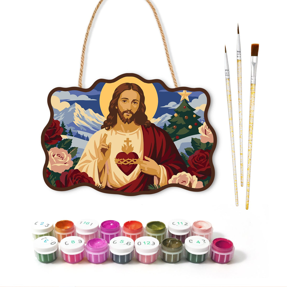 Sacred heart holiday paint by numbers door hanger with paints and brushes