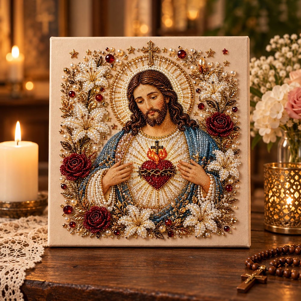 Finished sacred heart of jesus pearl diamond painting artwork displayed as home decor