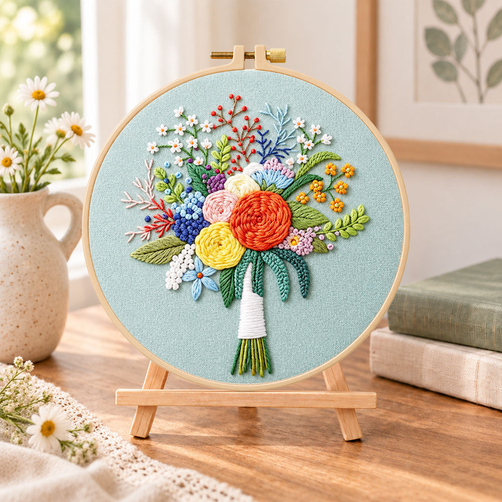 Sage green floral bouquet embroidery kit finished hoop displayed on a wooden stand as cosy tabletop decor