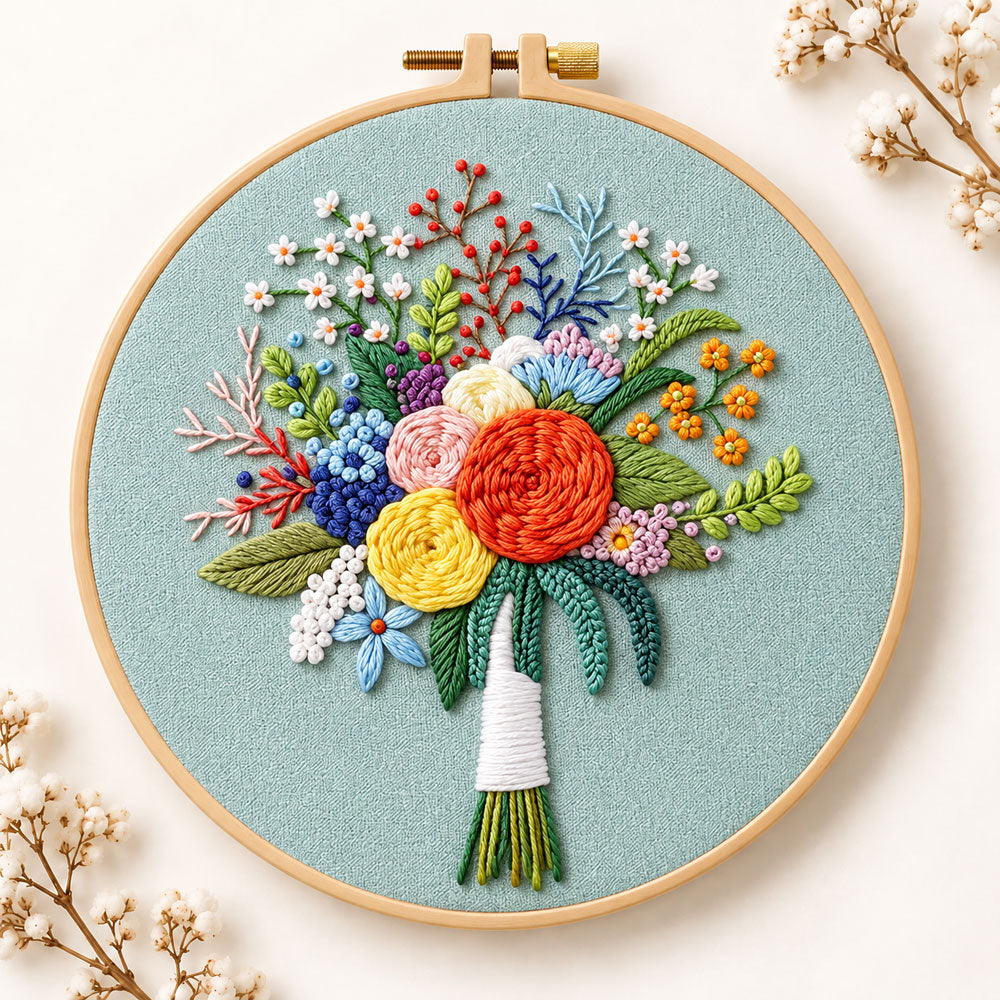Sage green floral bouquet embroidery kit