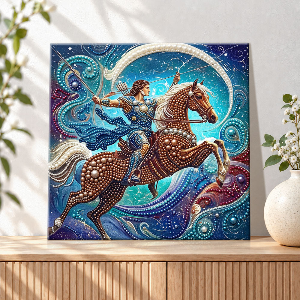 Finished sagittarius star warrior pearl diamond painting artwork displayed as holiday home decor
