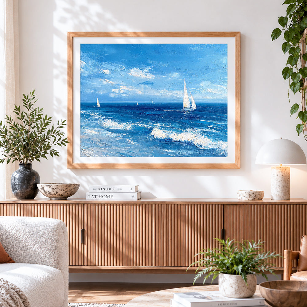 Finished sailing boat and ocean waves cross stitch artwork displayed