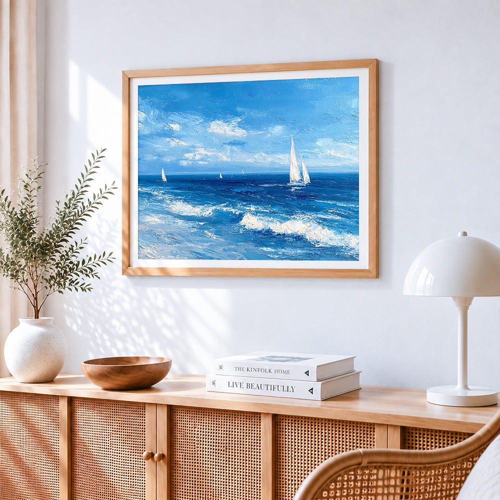 Sailing boat and ocean waves cross stitch artwork displayed on wall as home decor