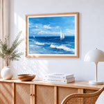 Sailing boat and ocean waves paint by numbers artwork displayed on wall as home decor
