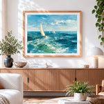 Finished sailing boats and blue ocean waves cross stitch artwork displayed