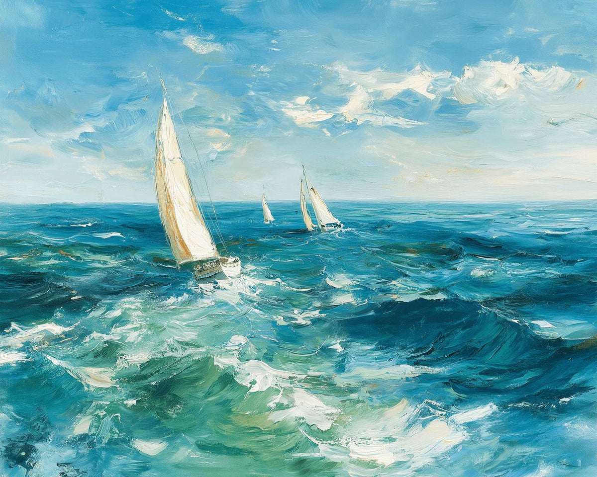 Sailing boats and blue ocean waves cross stitch kit for beginners