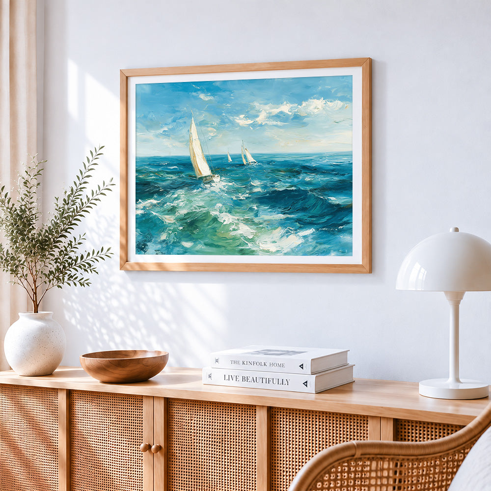 Sailing boats and blue ocean waves cross stitch artwork displayed on wall as home decor