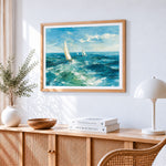 Sailing boats and blue ocean waves cross stitch artwork displayed on wall as home decor