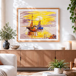 Finished sailing boats at sunset cross stitch artwork displayed