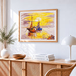 Sailing boats at sunset paint by numbers artwork displayed on wall as home decor